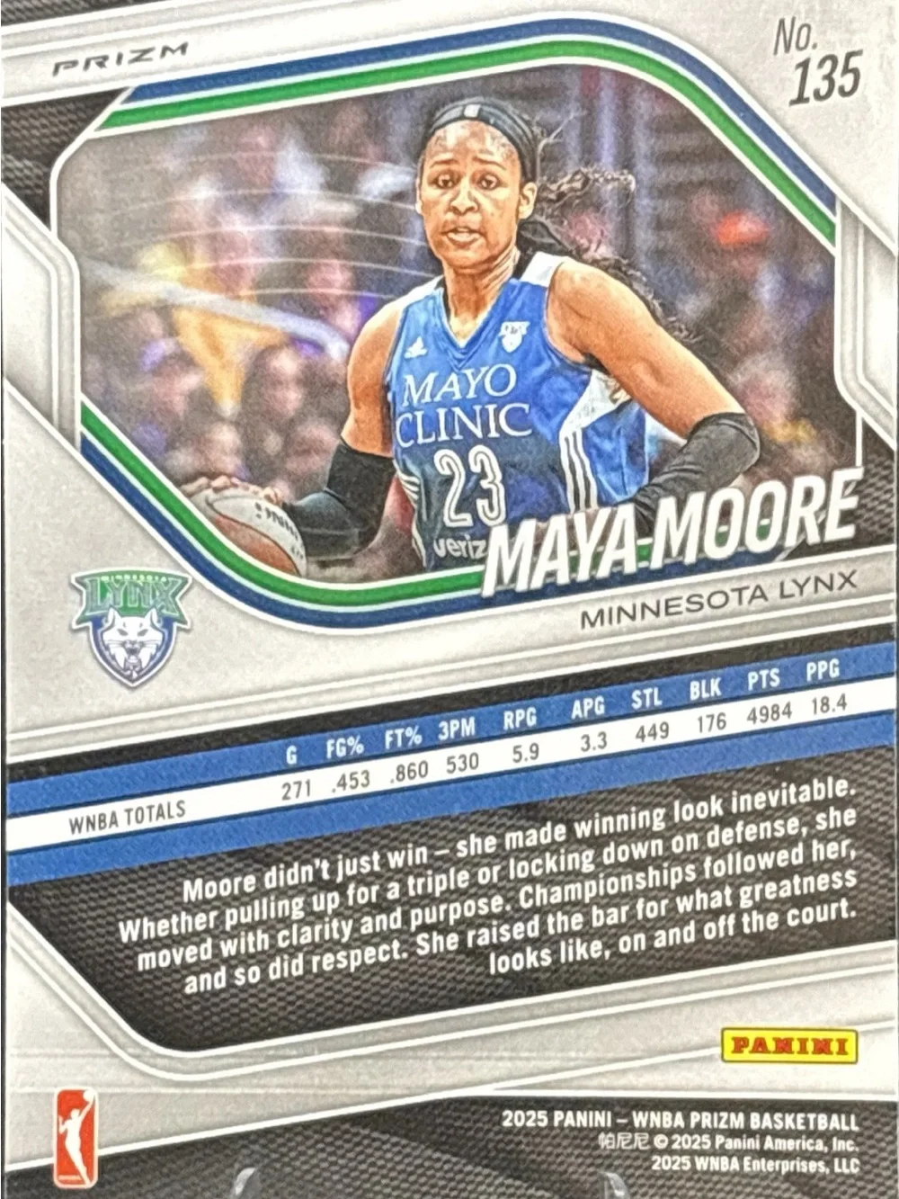 Panini Prizm Maya Moore Minnesota Lynx Refractor Holo Basketball Trading Card